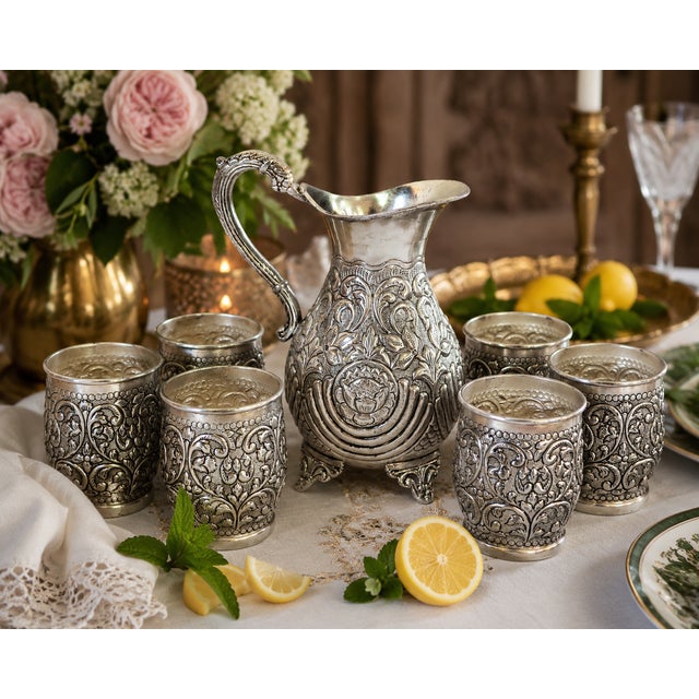 A vintage Indian hand-chased repoussé beverage service comprising a matching pitcher and six tumblers, crafted in silver-...