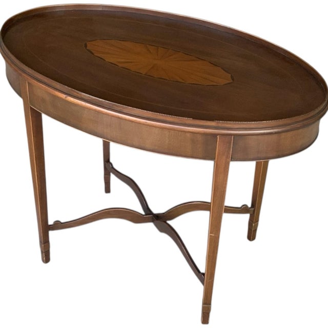 Antique English Edwardian Mahogany &amp; Satinwood Marquetry Oval Occasional Table Made in England c. 1900. Approximately...