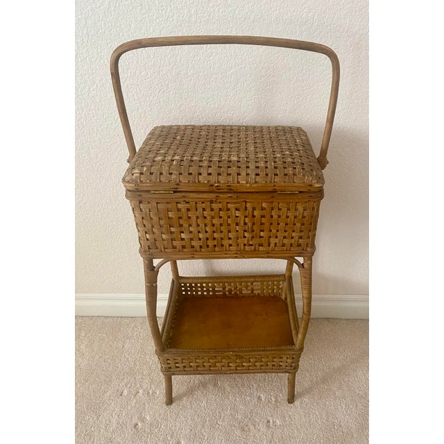 Mid 20th Century Vintage American Wicker and Rattan Two-Tier Sewing Basket Stand With Original Lining. For Sale - Image 5 of 15