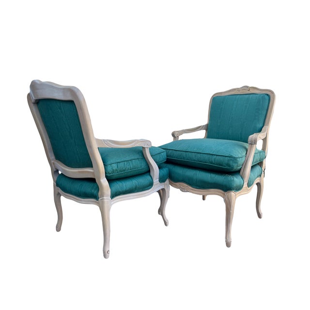 French Style Bergere Armchairs With Teal Blue Upholstery by Sam Moore, a Pair For Sale In Tampa - Image 6 of 14