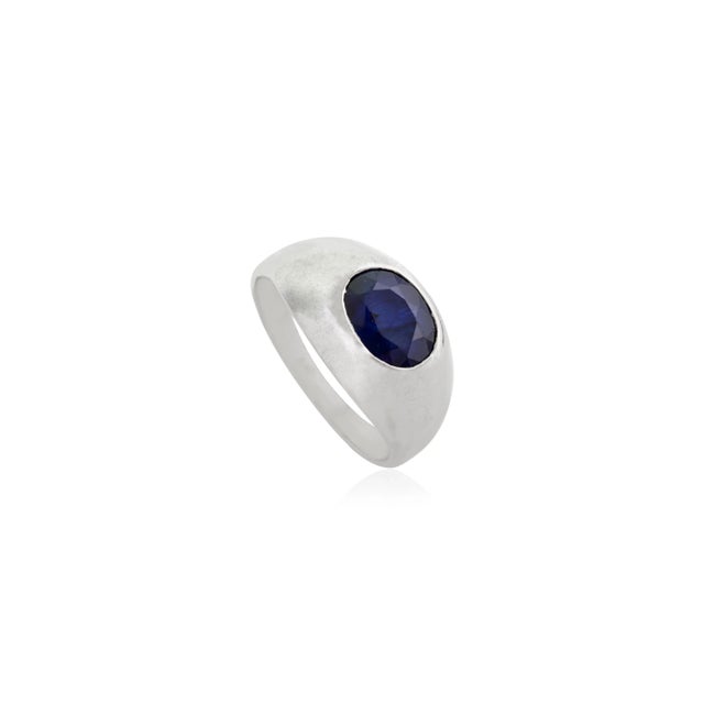 Boho Chic Signet Ring With Blue Sapphire East-West Gypsy Set Gemstone Size 6 For Sale - Image 3 of 12
