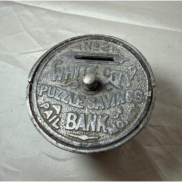 Figurative Antique 1800's Cast Iron White City Puzzle Savings #2 Deposit Pail Still Bank For Sale - Image 3 of 8