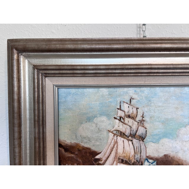 Blue Original Vintage Oil Painting on Canvas Seascape, Sailing Ship, Signed, Framed For Sale - Image 8 of 9