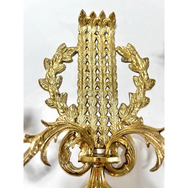 French Vintage French Louis XVI Style Brass Wall Sconces – Pair For Sale - Image 3 of 12