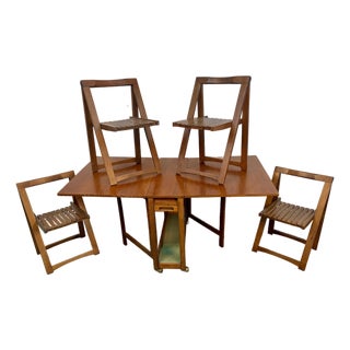 Mid-Century Modern Drop Leaf Hide a Way Table W/ Four Folding Chairs For Sale