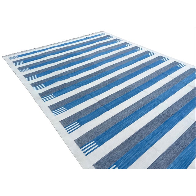 Sky Blue Handmade Cotton Area Rug, Sky Blue and White Cotton Vegetable Dyed Striped Dhurrie-12'x15' For Sale - Image 8 of 12