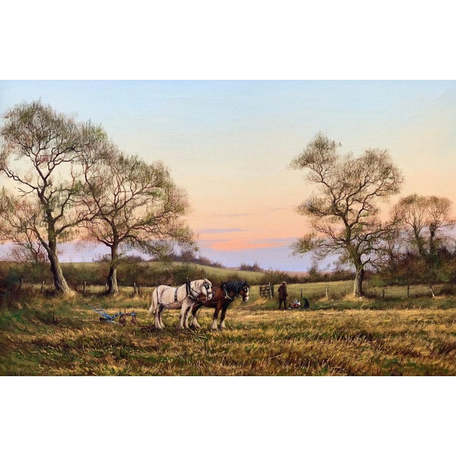 English Countryside Art - Horse Drawn Plough With Two Horses Ploughman and Dog by British Landscape Artist, 1990 Circa For Sale - Image 10 of 13