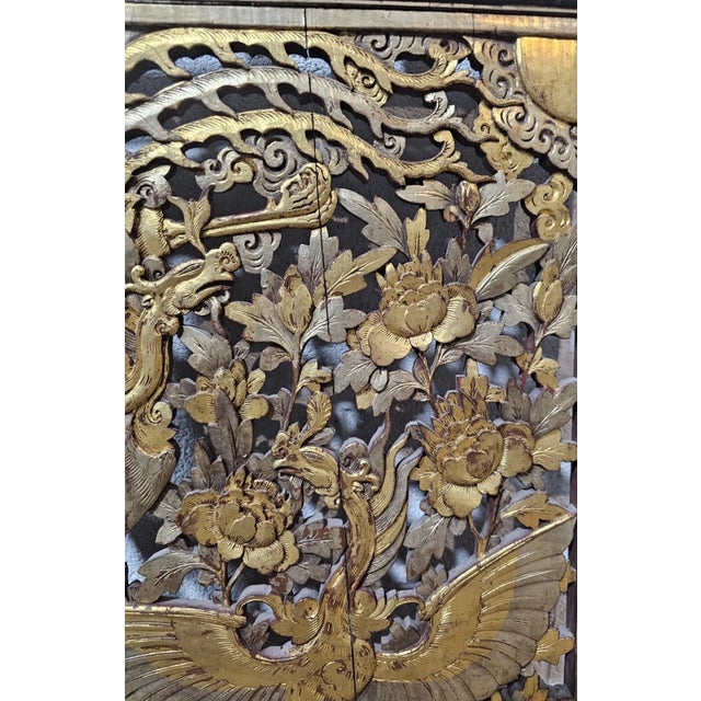 Late 19th Century Antique Hand Carved Gilt Chinese Figural Red Lacquered Wood Panel Green Accents For Sale - Image 9 of 12