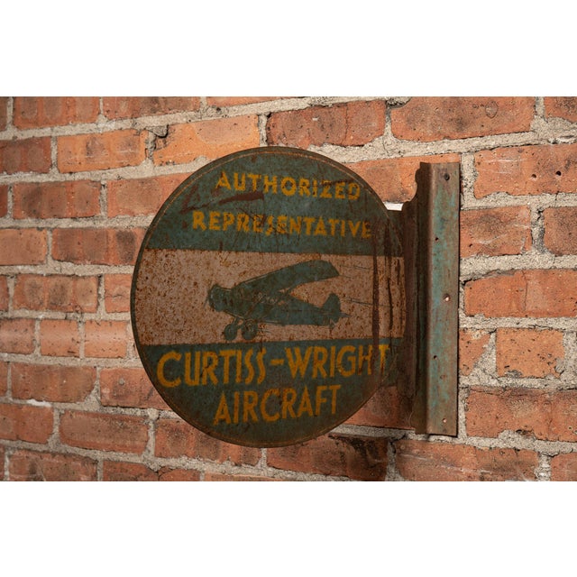 1930s Original Curtiss-Wright Aircraft Flanged Metal Sign For Sale - Image 4 of 9