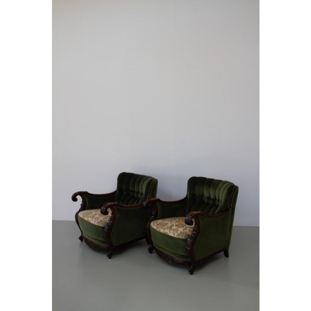 Danish Carved Lounge Chairs in Green Velvet, 1920s, Set of 2 For Sale - Image 15 of 18