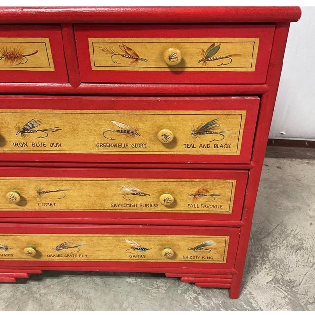 Wood Vintage "Hardy & Co Trout Flies” Fishing Tackle Themed 5-Drawer Accent Chest For Sale - Image 7 of 11