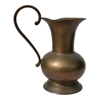 Vintage Brass Pitcher With Curved Handle and Warm Aged Patina For Sale