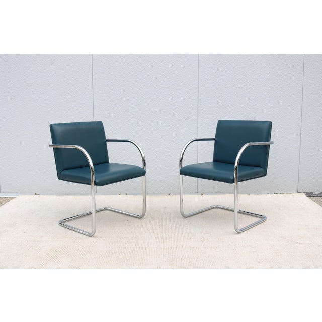 2010s Ludwig Mies Van Der Rohe Brno Tubular Chairs in Blue Leather by Gordon - A Pair For Sale - Image 5 of 18