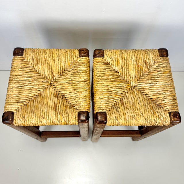 Wood and Straw Bar Stools, Italy, 1980s, Set of 2, in Very Good conditions. Designed 1980 to 1989