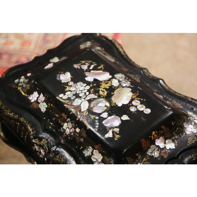 Textile 19th Century English Victorian Papier-Mâché Sewing Table With Pearl Inlay For Sale - Image 7 of 13