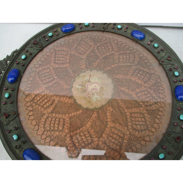 Beautifully bejeweled vanity tray or table catchall. Vintage 1930s glamour with glass jewels surrounding a circular glass...