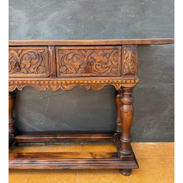 Brown Spanish Renaissance Oak Console with Two Carved Drawers, 1890s For Sale - Image 8 of 9