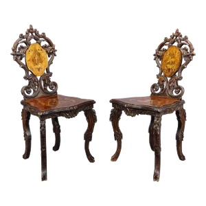 Pair Nutwood Edelweis Marquetry Chairs Swiss Brienz 1900