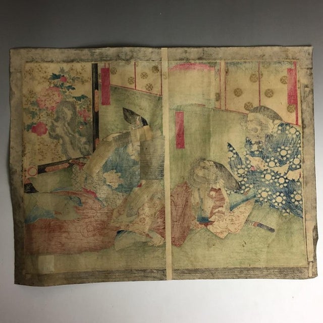 Paper 1883 Utagawa Toyonobu Diptych Shinsen Taikoki Meiji Samurai Woodblock Print For Sale - Image 7 of 10