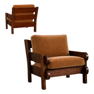 Brazilian Modern Armchair in Imbuia Wood and Cognac Velvet, Brazil, 1960s For Sale