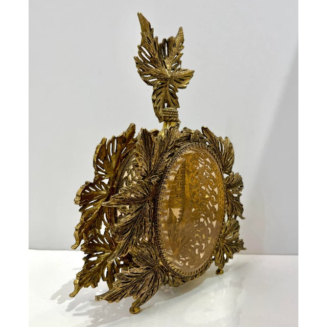 French Provincial Antique French Pair of Gilt Brass Filigree & Glass Rococo Style Perfume Bottles For Sale - Image 3 of 12