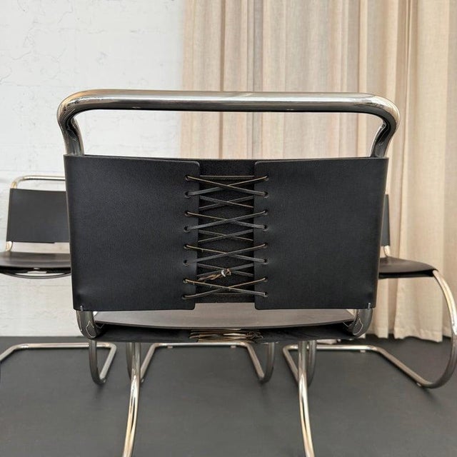 Black Leather Chrome Cantilever Mies Van Der Rohe Mr10 Chairs for Knoll For Sale - Image 9 of 10
