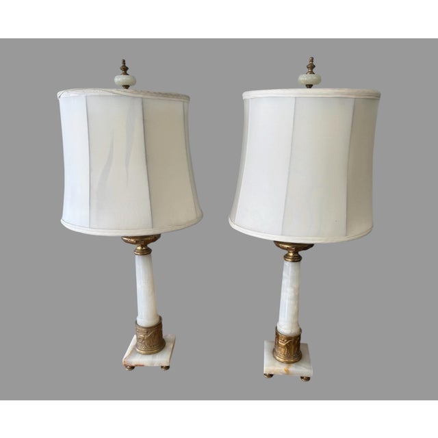 Vintage Alabaster & Bronze Table Lamps Neoclassical Marble Column Matching - a Pair For Sale - Image 9 of 9