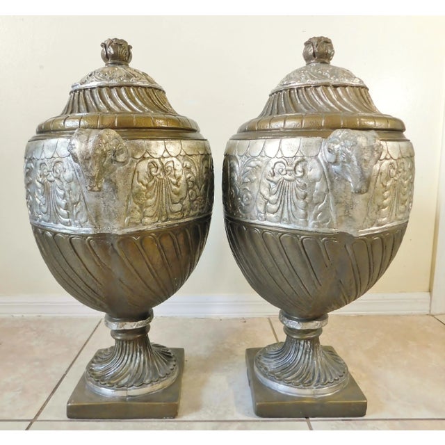 Large Pair Vintage Outdoor Hilda Flack Gold & Silver Resin Ram's Head Statue Urns For Sale - Image 11 of 12