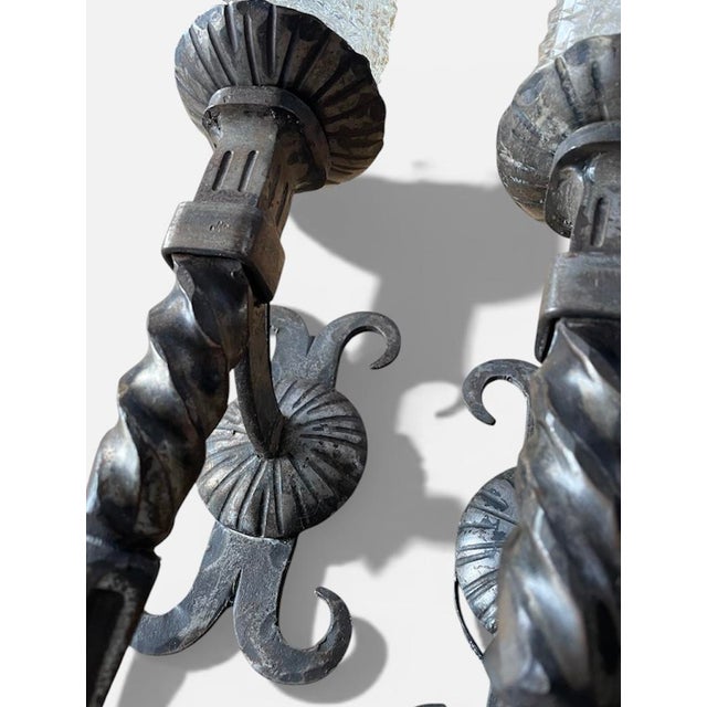 Glass French Brutalist Wrought Iron Wall Sconces, 1950, Set of 2 For Sale - Image 7 of 9