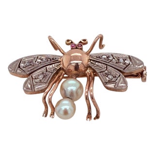 Antique 14k Rose and White Gold Bee Pin With Ruby Eyes, Diamonds & Pearls For Sale
