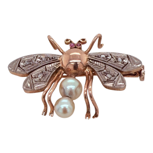 Antique 14k Rose and White Gold Bee Pin With Ruby Eyes, Diamonds & Pearls