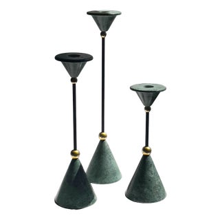 Postmodern Marble and Brass Candlesticks attributed to Christian De Beaumont, 1980s, Set of 3 For Sale