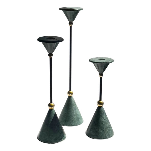 Postmodern Marble and Brass Candlesticks attributed to Christian De Beaumont, 1980s, Set of 3 For Sale