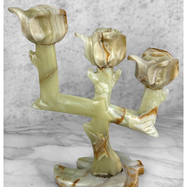Gemstone Vintage Italian Onyx Stone Tulip Candelabra Candlestick Holders - Set of 3 For Sale - Image 7 of 11