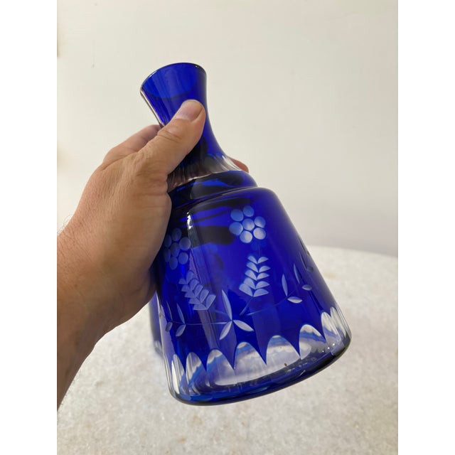 Boho Chic Vintage Bohemian Cobalt Blue Cut-to-Clear Glass Bedside Water Carafe and Tumbler Set For Sale - Image 3 of 3