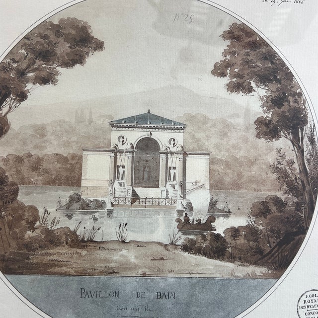 Antique 1800s Hand Colored French Beaux-Arts Pavillon De Bains Architectural Print For Sale - Image 4 of 7