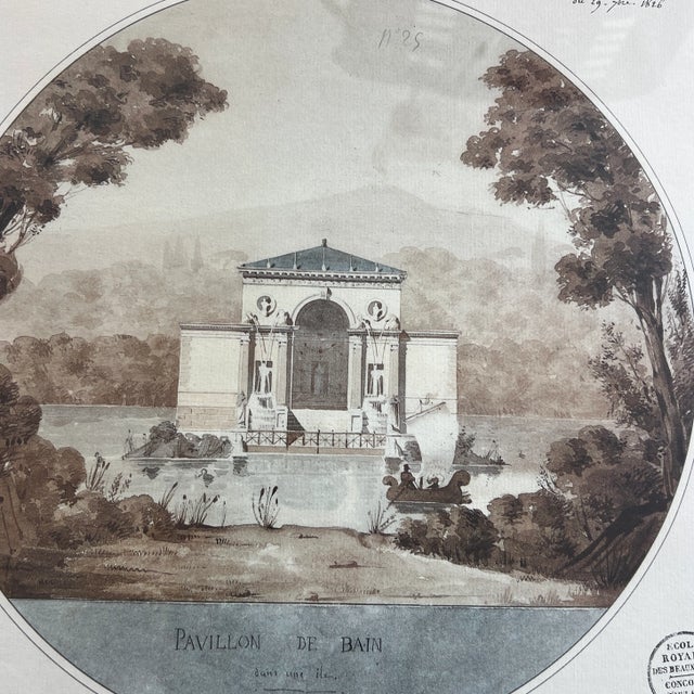 Antique 1800s Hand Colored French Beaux-Arts Pavillon De Bains Architectural Watercolor For Sale - Image 4 of 7