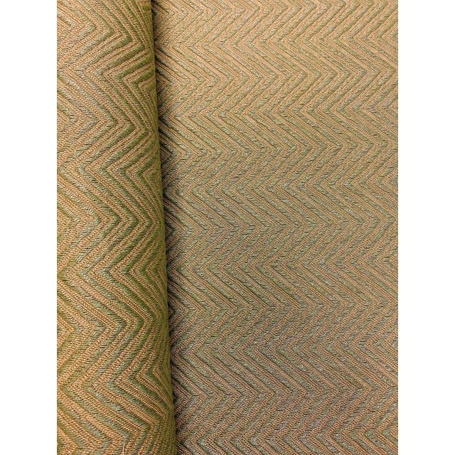 56" wide designer herringbone flax chevron linen upholstery fabric in sage green and taupe. Price is per yard.