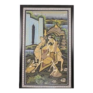 Vintage Indian Miniature-Style Painting on Woven Cloth – "The Runaway Lovers" Motif For Sale
