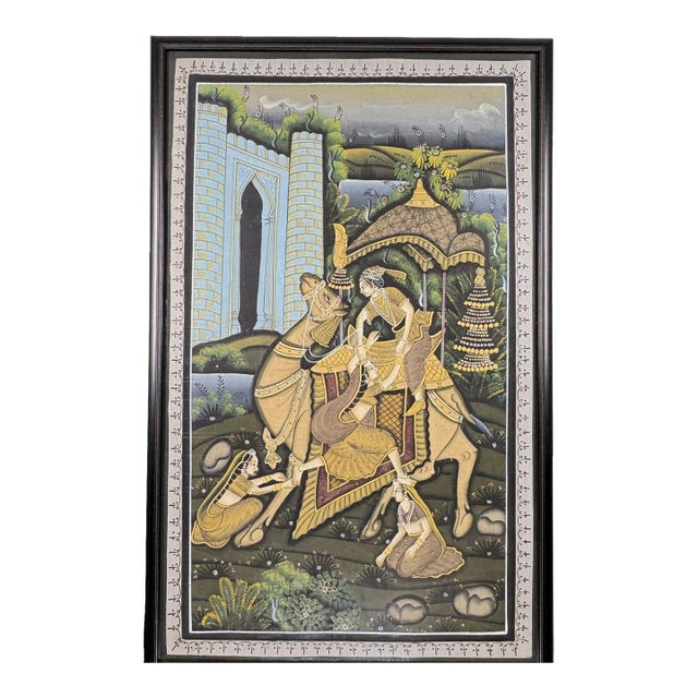 Vintage Indian Miniature-Style Painting on Woven Cloth – "The Runaway Lovers" Motif For Sale
