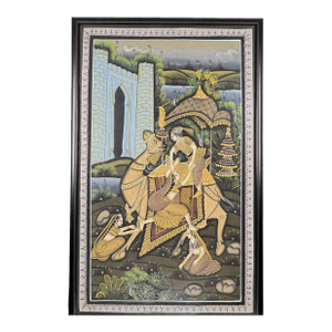 Vintage Indian Miniature-Style Painting on Woven Cloth – "The Runaway Lovers" Motif