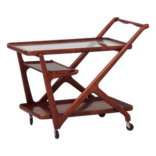 Serving Trolley in Beech with Glass Top by Cesare Lacca for Cassina, 1960s For Sale