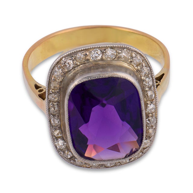 Mid-Century Modern 1940s Retro Amethyst Diamond 18k Two Tone Halo Ring, Size 8 For Sale - Image 3 of 6