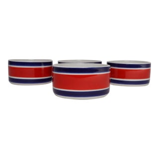 Set of Four Vintage Italian Red, White and Blue Striped Ceramic Bowls by Mancioli For Sale