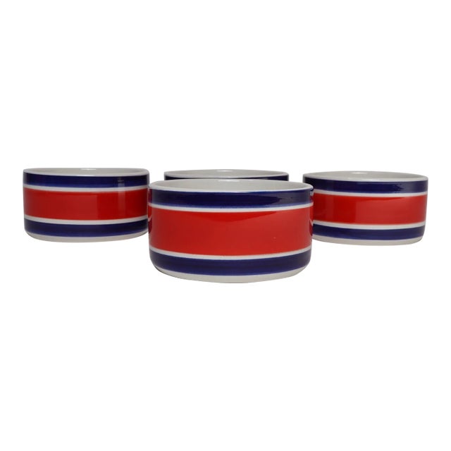 Set of Four Vintage Italian Red, White and Blue Striped Ceramic Bowls by Mancioli For Sale