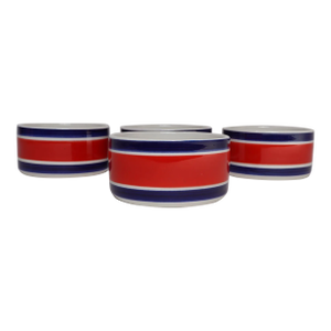 Set of Four Vintage Italian Red, White and Blue Striped Ceramic Bowls by Mancioli
