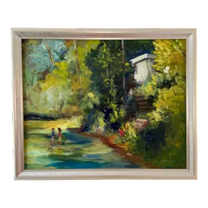River Landscape With Children - an Original Oil Painting by Marina Movshina