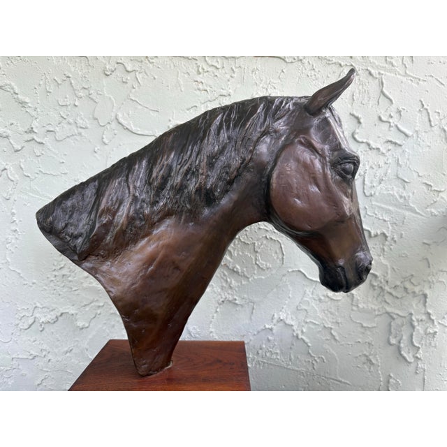 Mid-Century Modern 1970s Mid-Century Modern Cast Metal Horse Head Sculpture on Walnut Base, Bronze Finish For Sale - Image 3 of 12