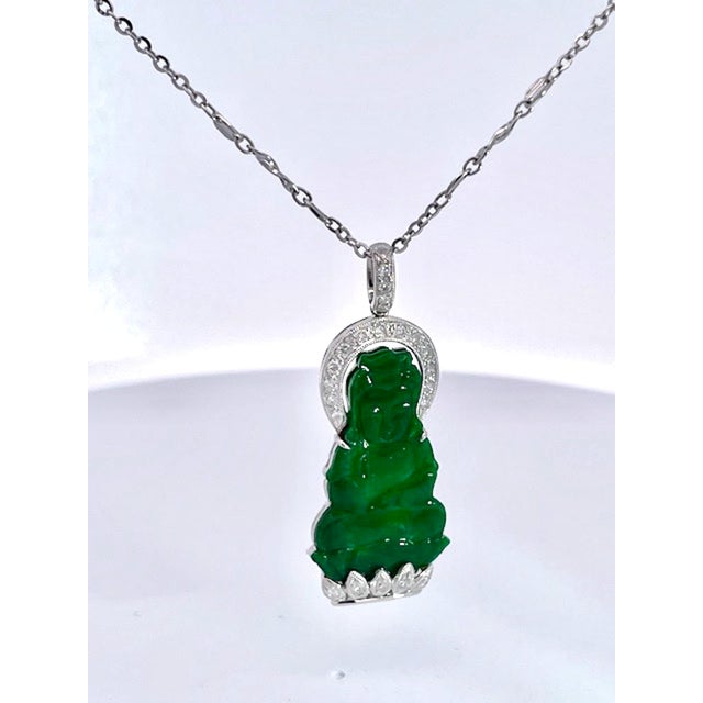 1990s Jade and Diamond Guanyin Kwan Yin Pendant Platinum Chain For Sale - Image 11 of 12