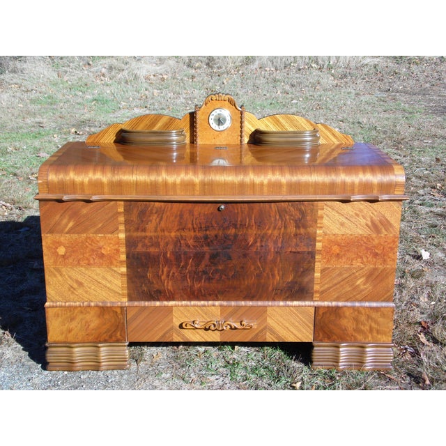 Antique Lane Art Deco Waterfall Cedar Chest Trunk with Lanshire Clock